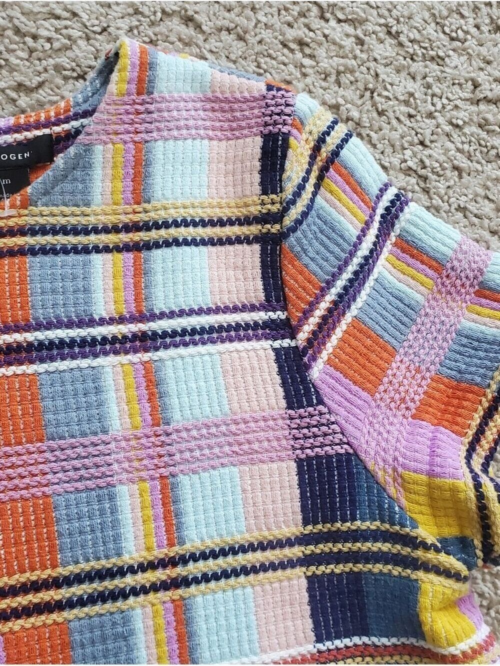 Halogen Multicolor Plaid Knit Short Sleeve Top Women's Size Medium - Picture 4 of 9